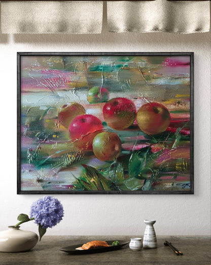 Abstract oil painting Juicy apples by Anatoly Tarabanov, vibrant textured reds and greens