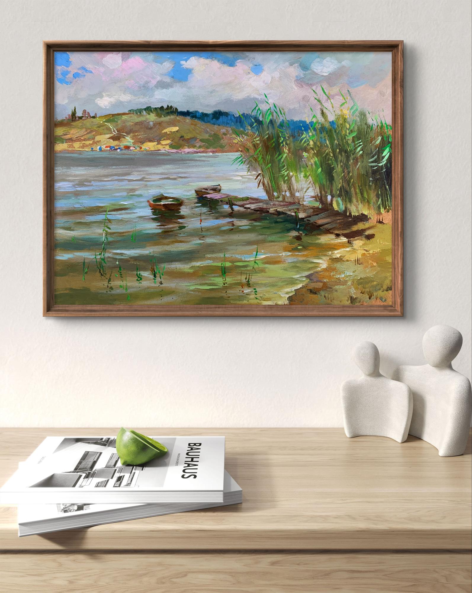 Framed impressionistic Oil painting Covered in Clouds by Yuriy Suprunchuk lakeside scene