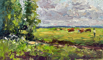 Vibrant impressionist oil painting Summer morning on the pasture by Boris Serdyuk