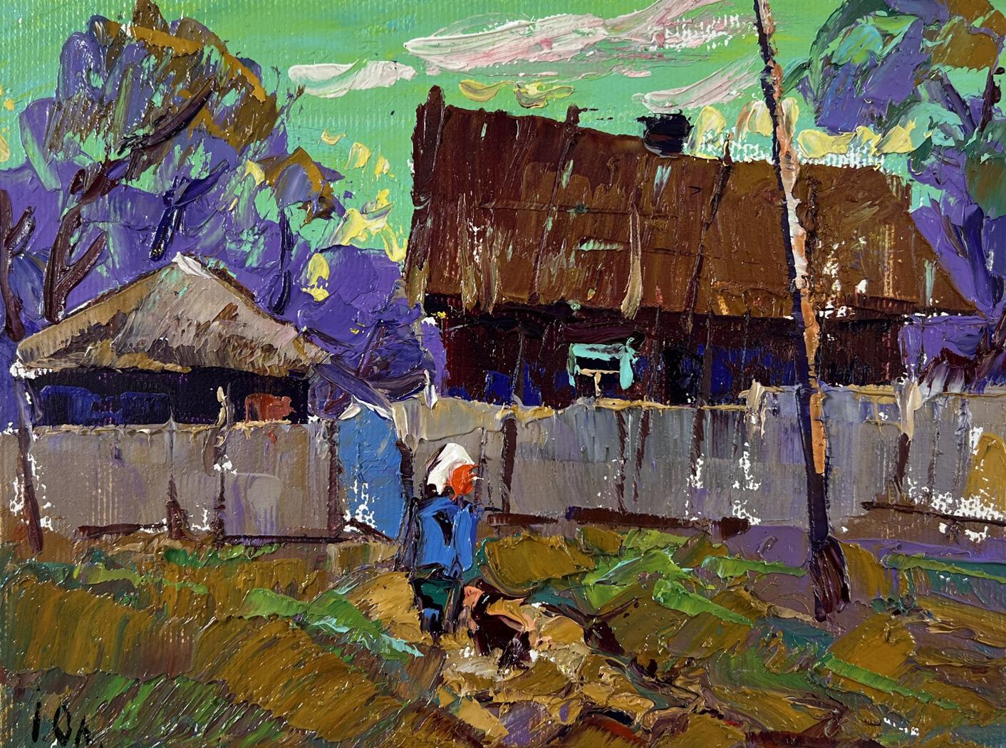 Vibrant impressionist oil painting of dusk sky in rustic village by Oleksiy Ivanyuk