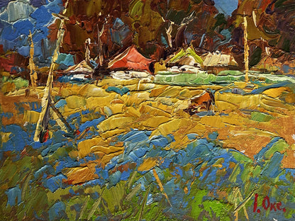 Vibrant impressionist oil painting by Oksana Ivanyuk of cow in field near village