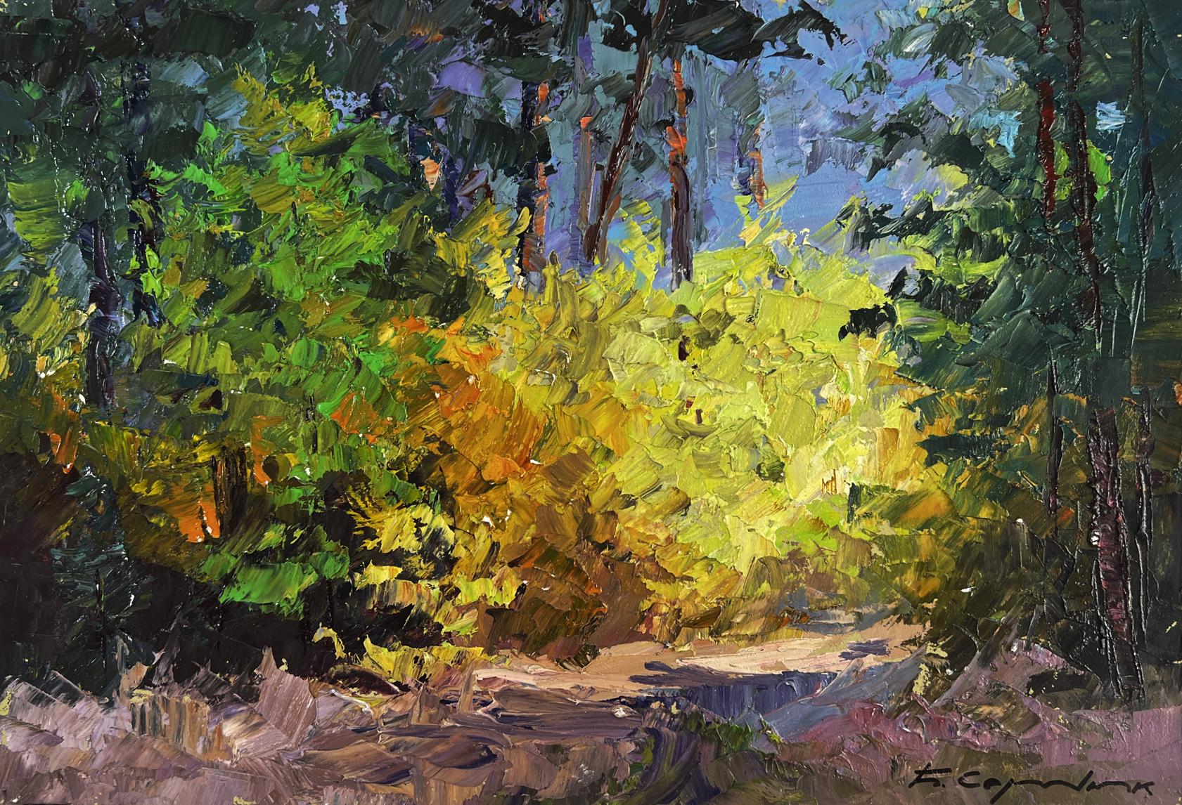 Vibrant impressionist oil painting by Boris Serdyuk of sunlit forest path
