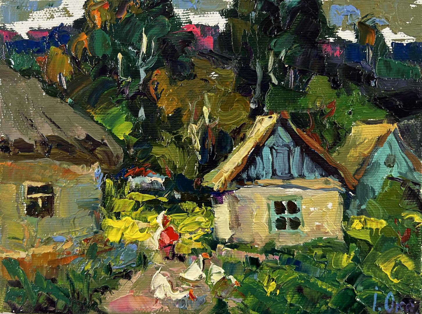Vibrant impressionist oil painting of rural village by Oksana Ivanyuk