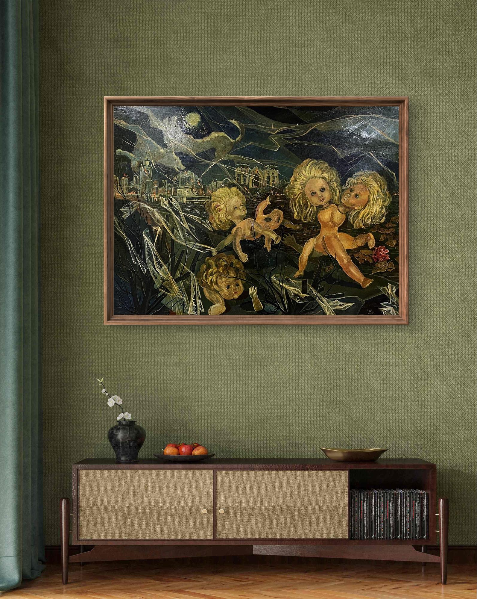 Oil painting Psychedelic Walk by Leonid Ilyinsky, surreal golden figures on black green backdrop