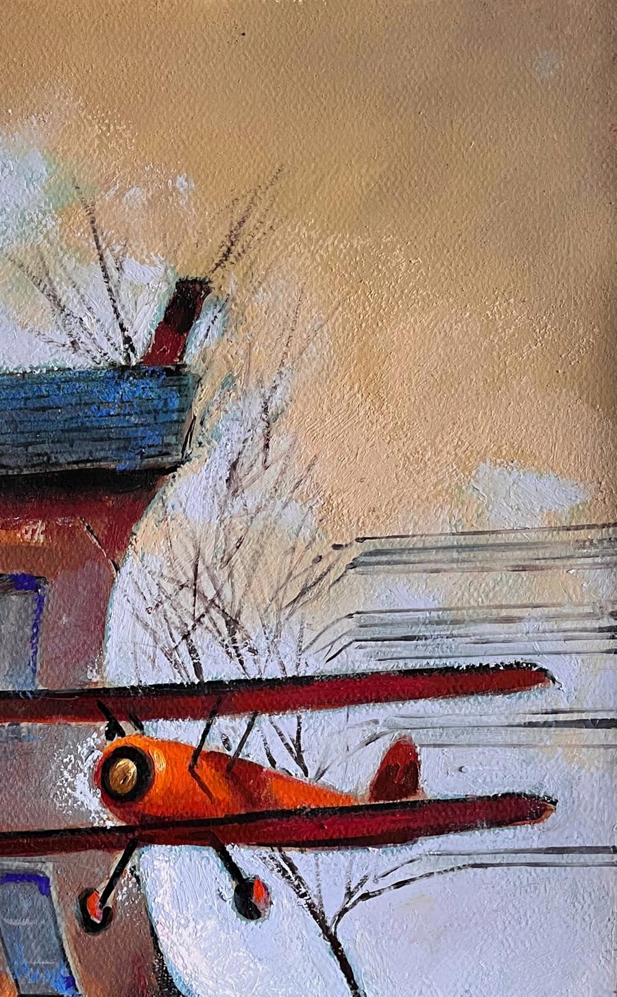 Vibrant orange biplane with red wings in Red Flight painting by Juan Angel Gonzalez de la Calle