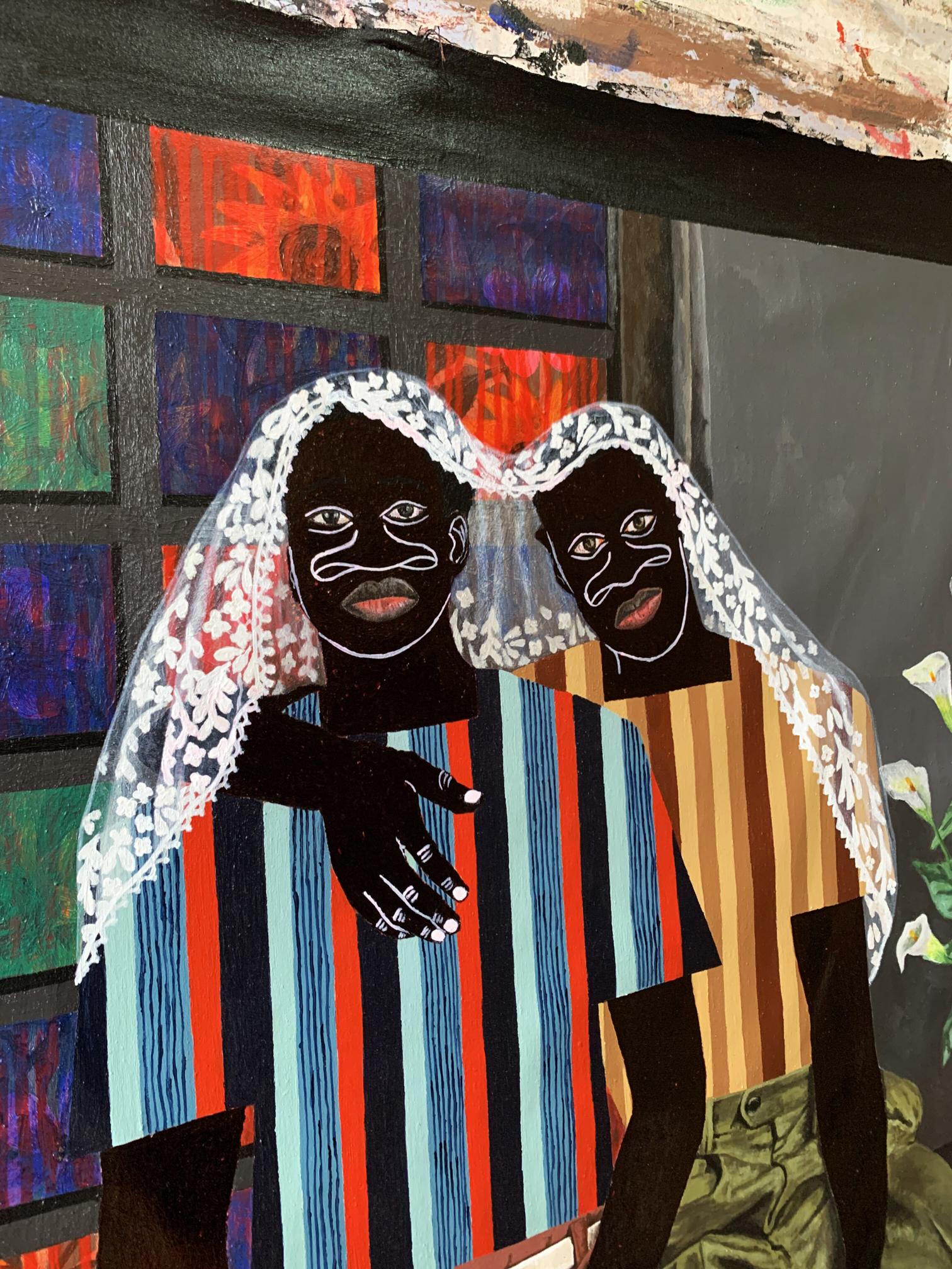 Vibrant acrylic painting Under one Blanket by Akintomide Akinshola with veiled black figures