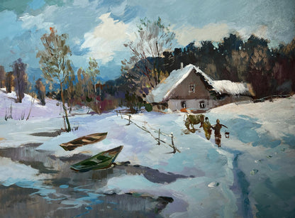Oil painting of snow-covered wooden house by Yuriy Suprunchuk