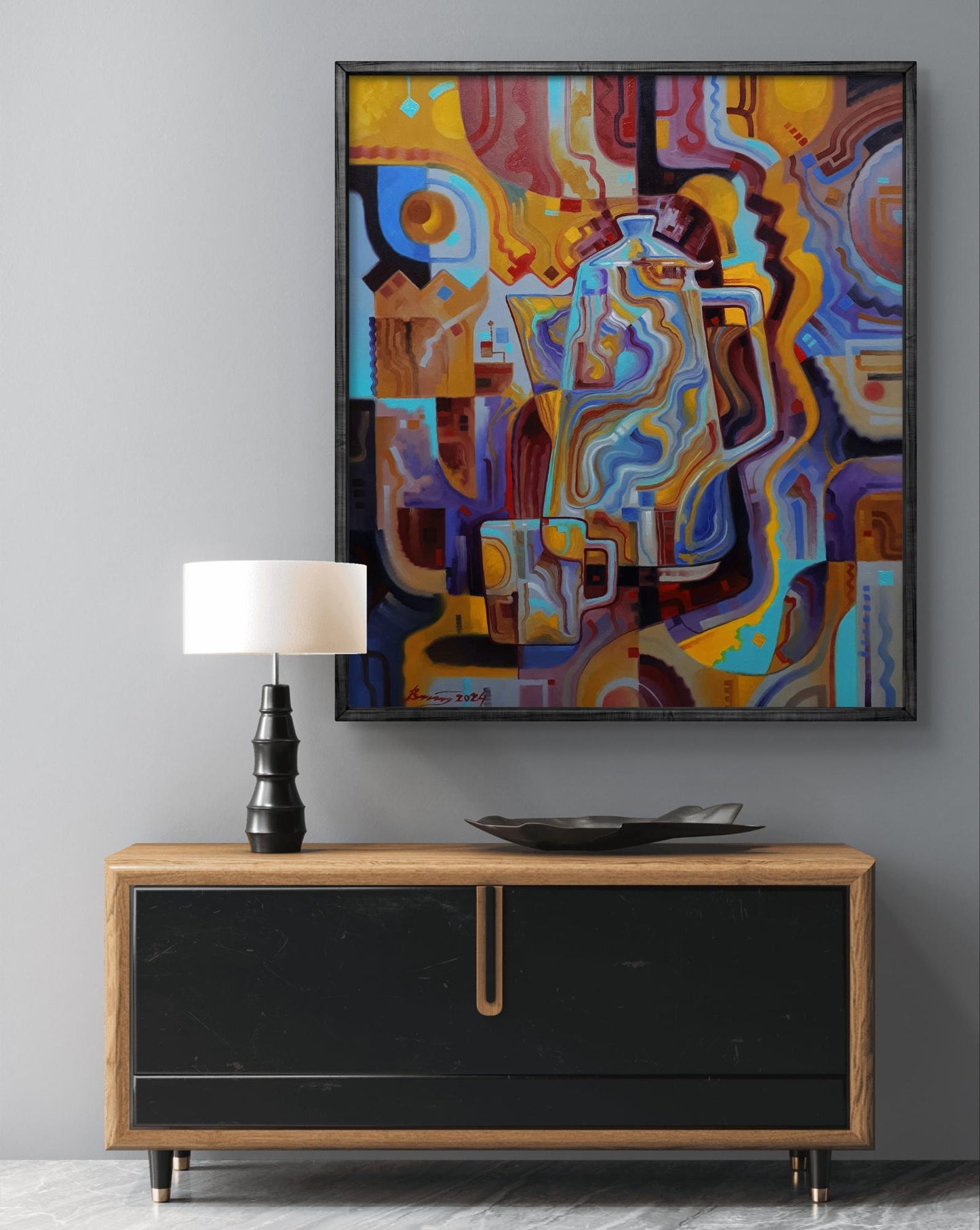 Vibrant oil painting Coffee time by Sergiy Voichenko in black frame