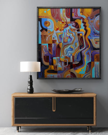 Vibrant oil painting Coffee time by Sergiy Voichenko in black frame