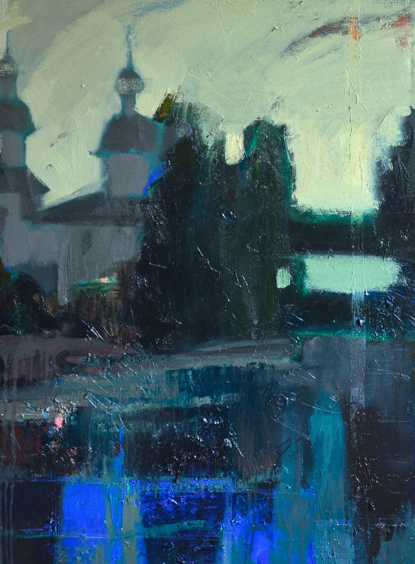 Oil painting Above the lake by Natalia Korf-Ivaniuk, abstract blue-green textured artwork