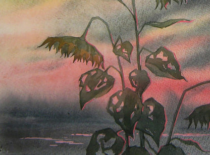 Watercolor painting of wilting sunflower at sunset by Valery Savenets