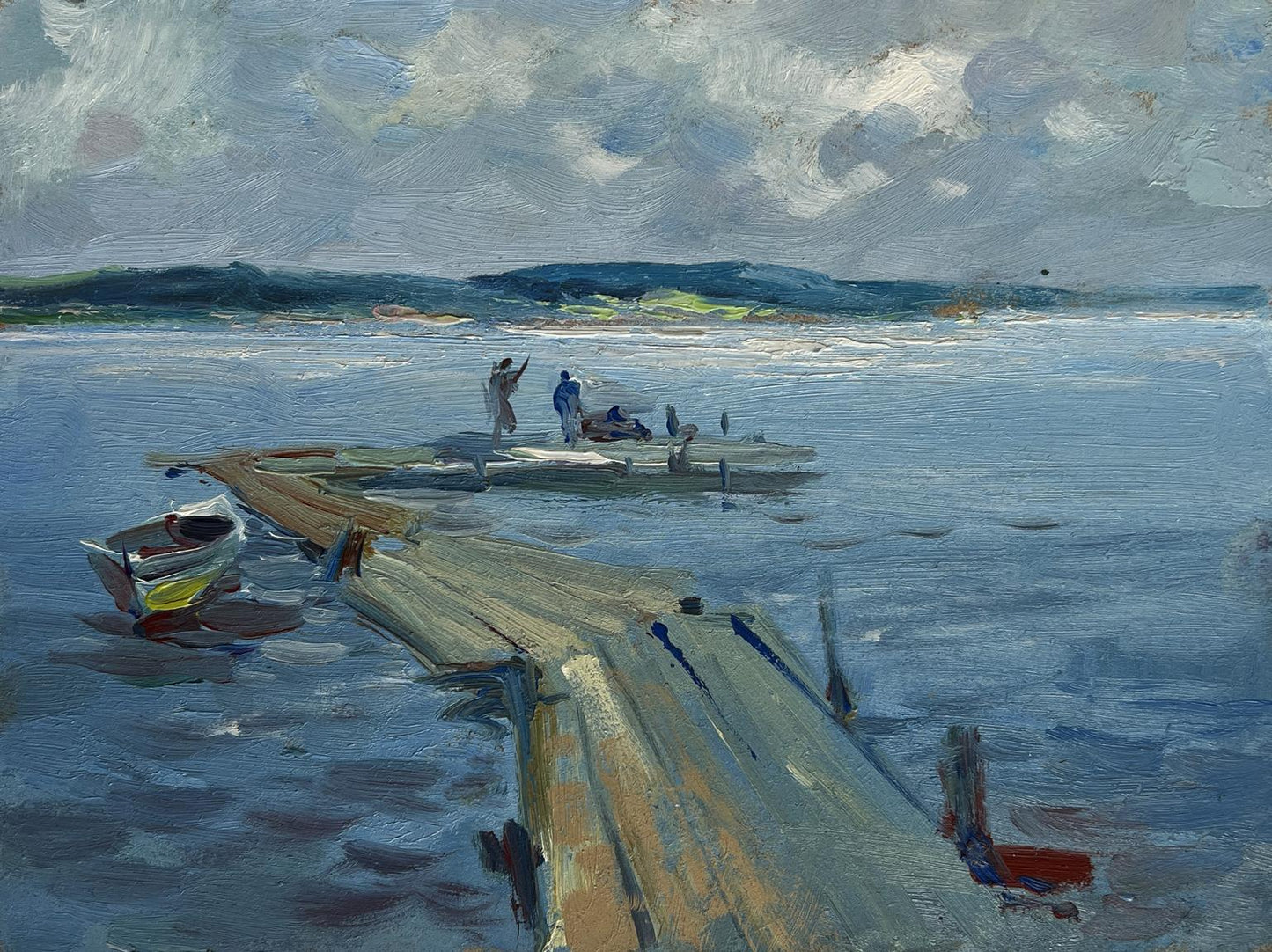 Oil painting of weathered pier in calm sea by Yuriy Suprunchuk