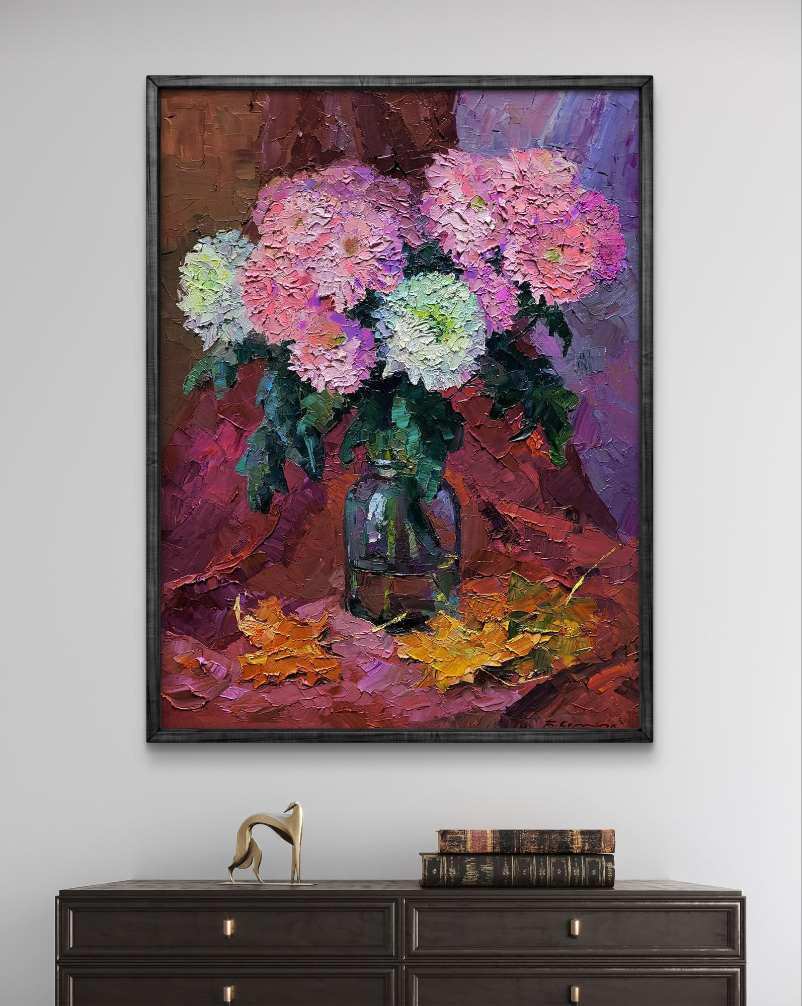 Oil painting of pink hydrangeas bouquet by Boris Serdyuk