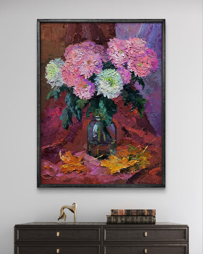 Oil painting of pink hydrangeas bouquet by Boris Serdyuk