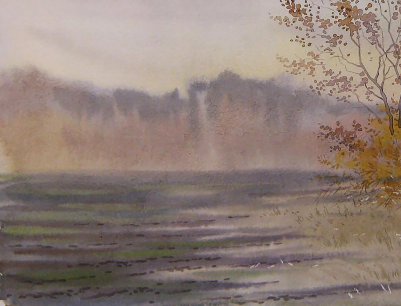 Watercolor painting The last days of autumn by Valery Savenets misty landscape