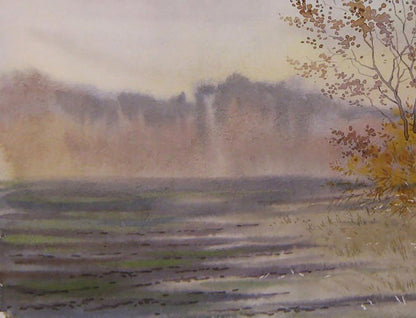 Watercolor painting The last days of autumn by Valery Savenets misty landscape