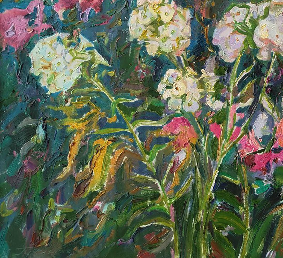 Vibrant impressionist oil painting Flowers of July by Leonid Pavlenko with pink white flowers