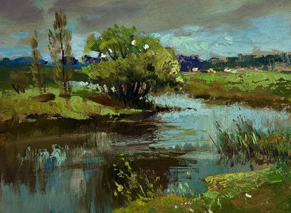 Oil painting Summer Winding River by Yuriy Suprunchuk, serene textured landscape