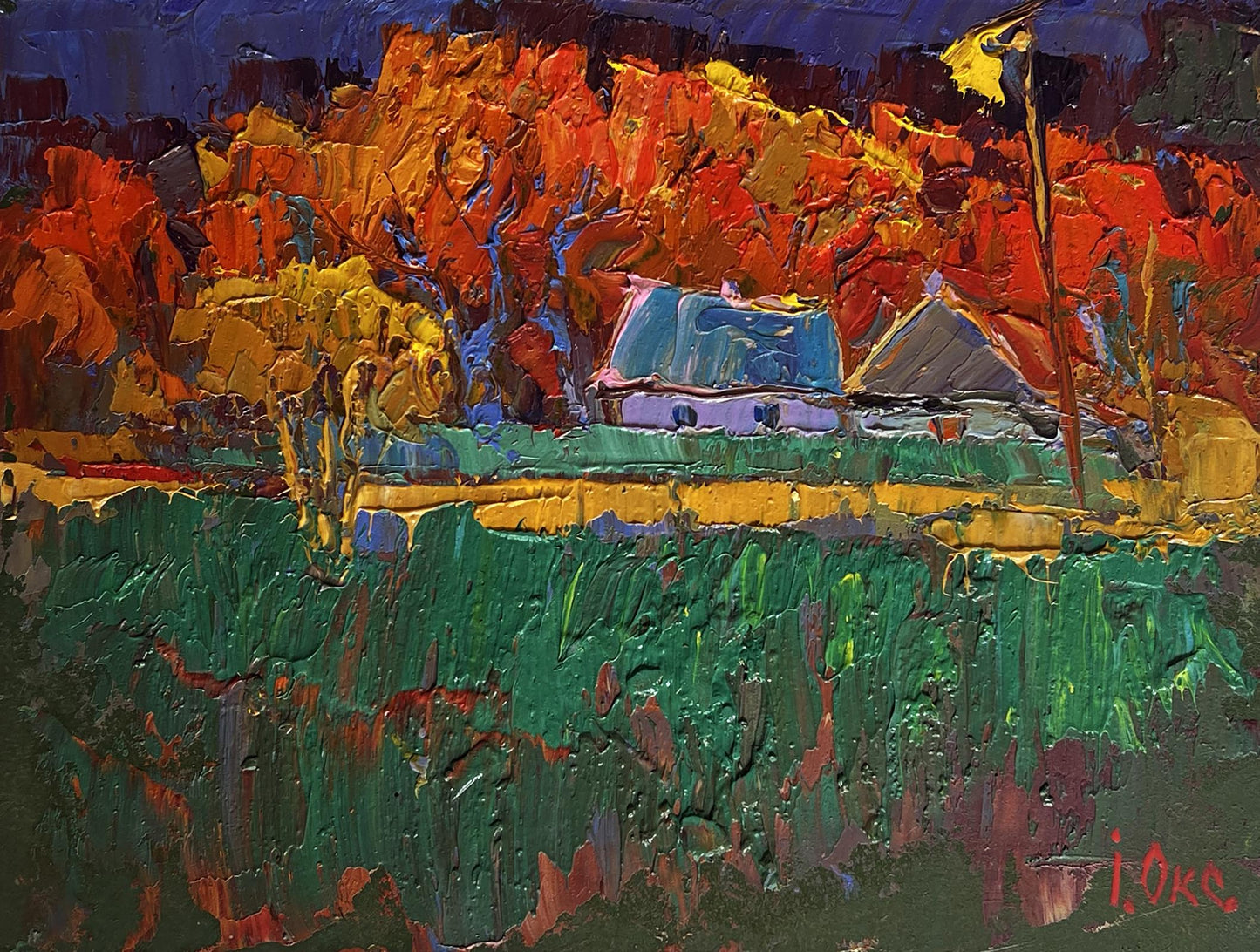 Vibrant impressionist oil painting Crimson autumn in the village by Oksana Ivanyuk