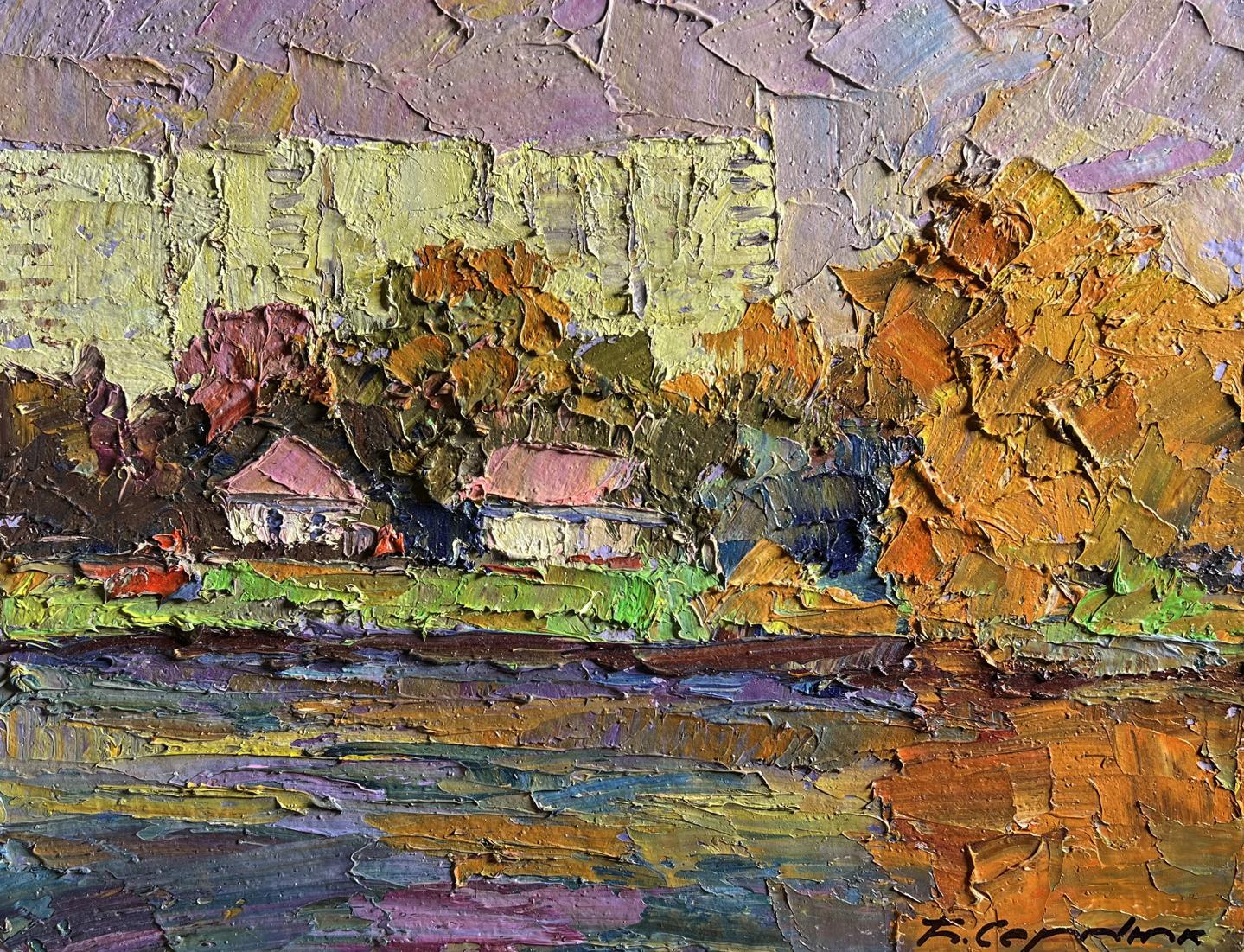 Oil painting Overlooking the city by Boris Serdyuk, impasto autumn landscape