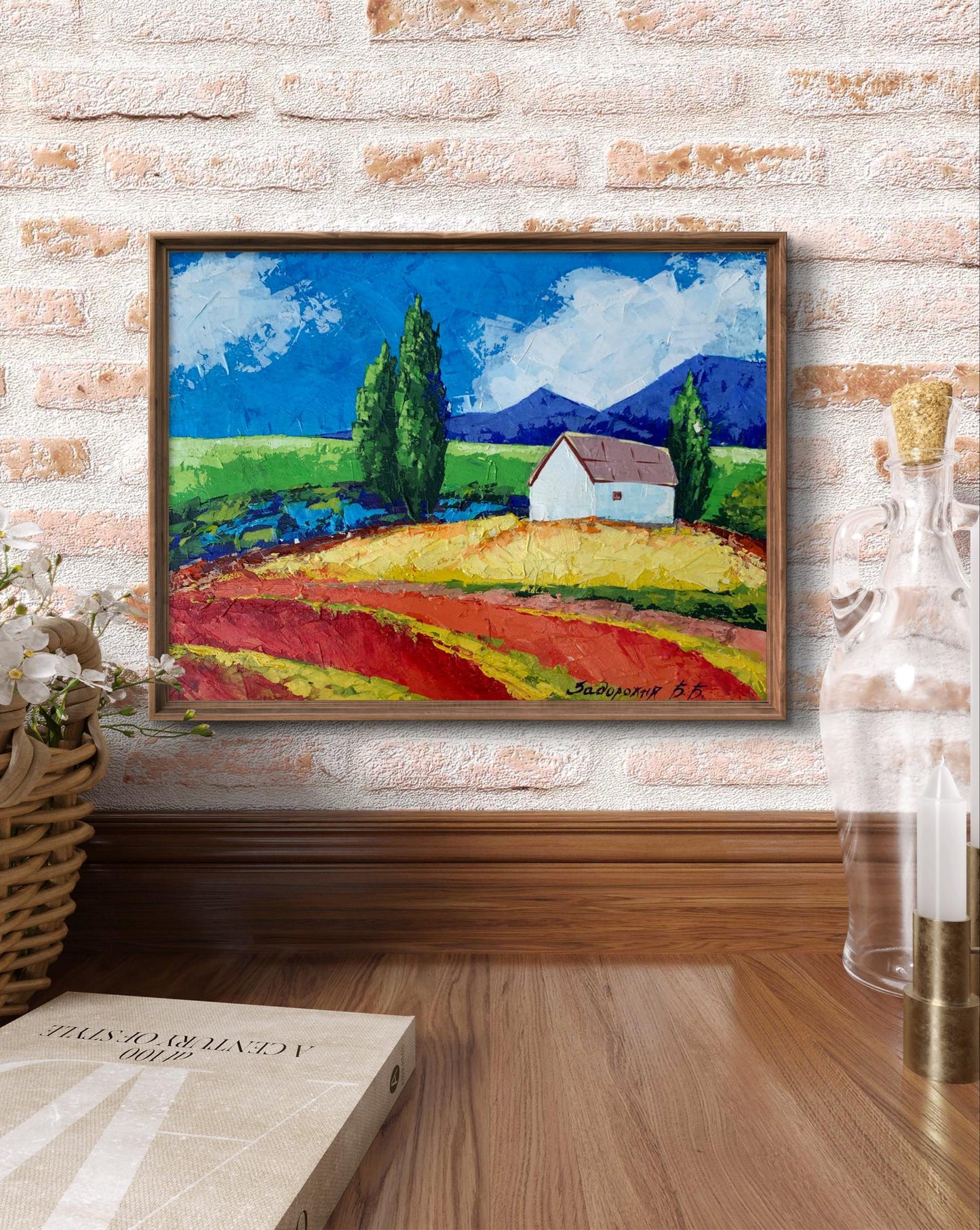Framed oil painting House in the Mountains by V. Zadorozhnya with fields, cypresses