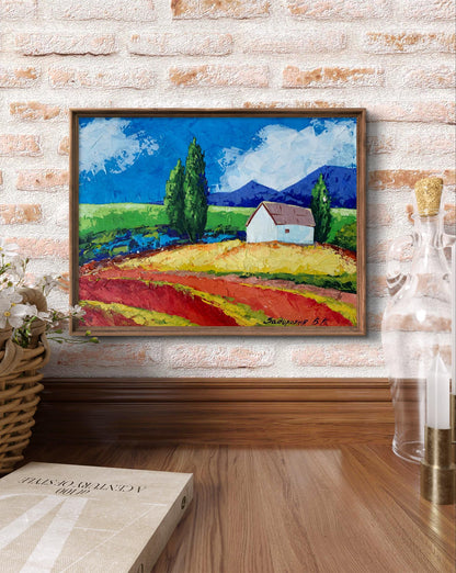 Framed oil painting House in the Mountains by V. Zadorozhnya with fields, cypresses