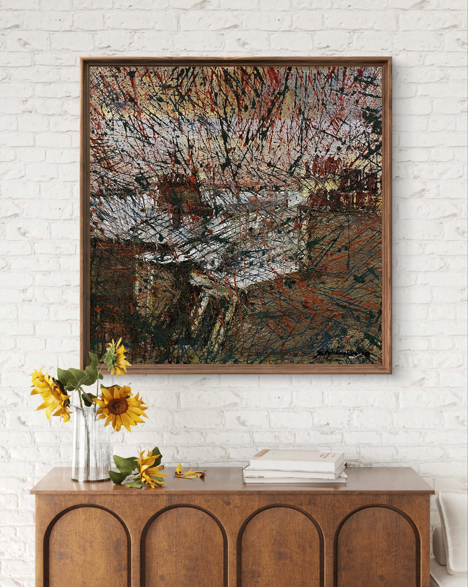 Oil painting Shimmering in the city by Serhiy Kovalev in dark brown frame