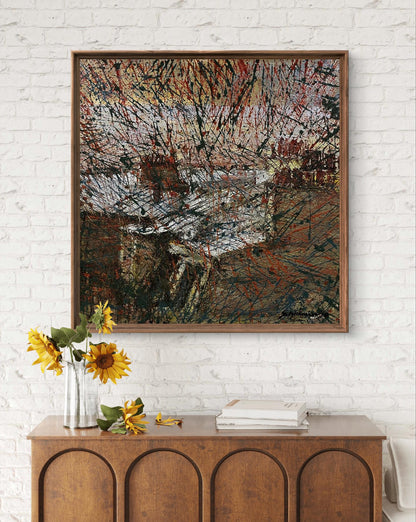 Oil painting Shimmering in the city by Serhiy Kovalev in dark brown frame