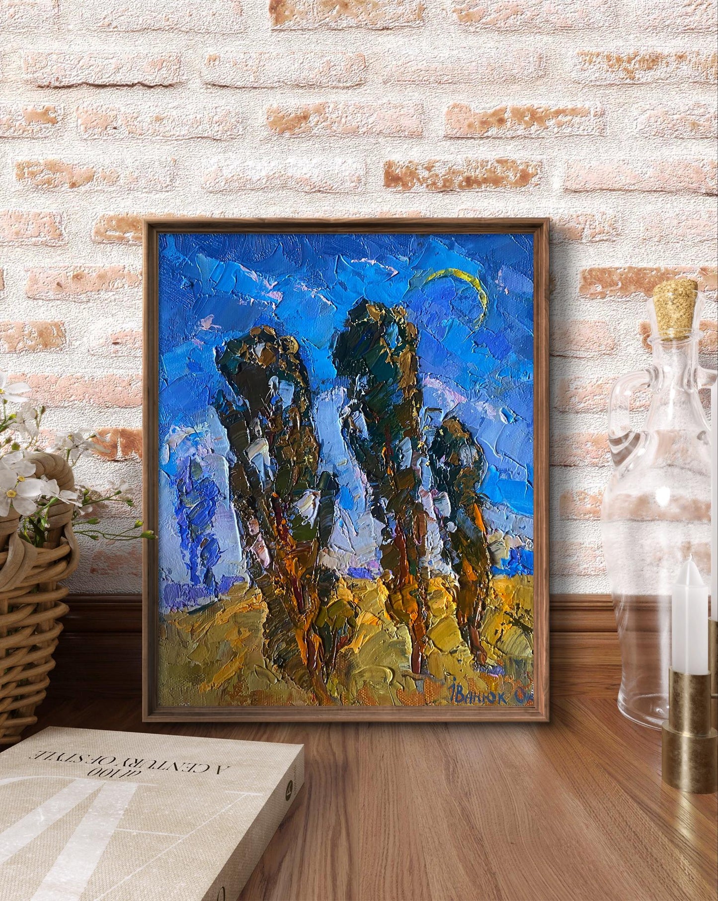 Framed Oil painting On the Road by Oksana Ivanyuk with blue skies and rocks