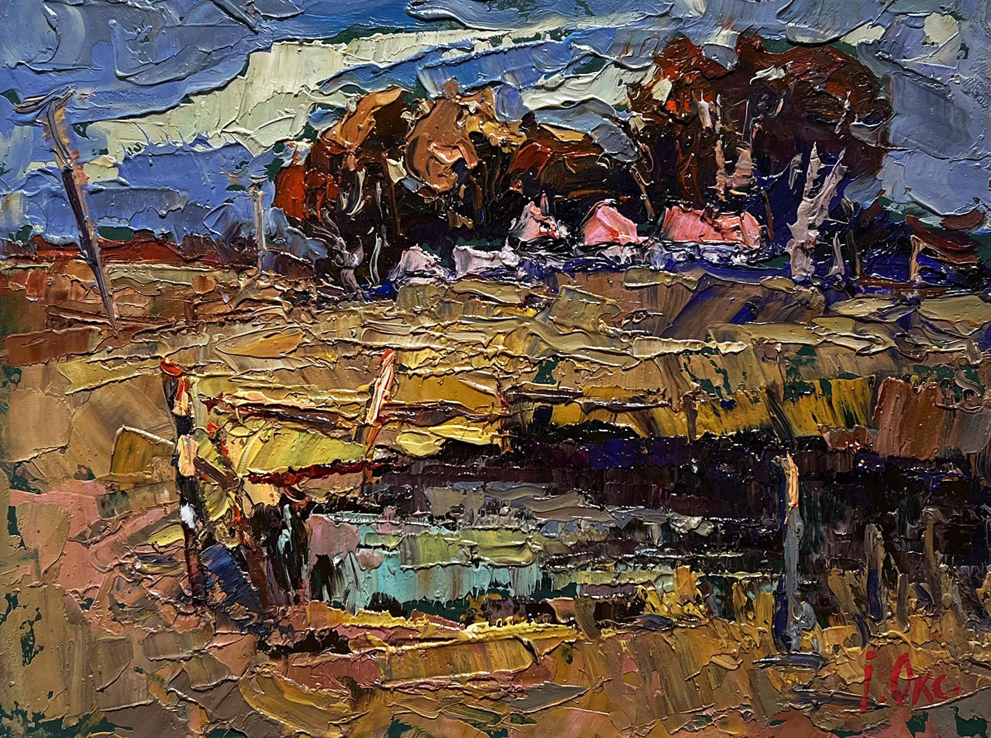 Vibrant impressionistic oil painting of pond near village by Oksana Ivanyuk