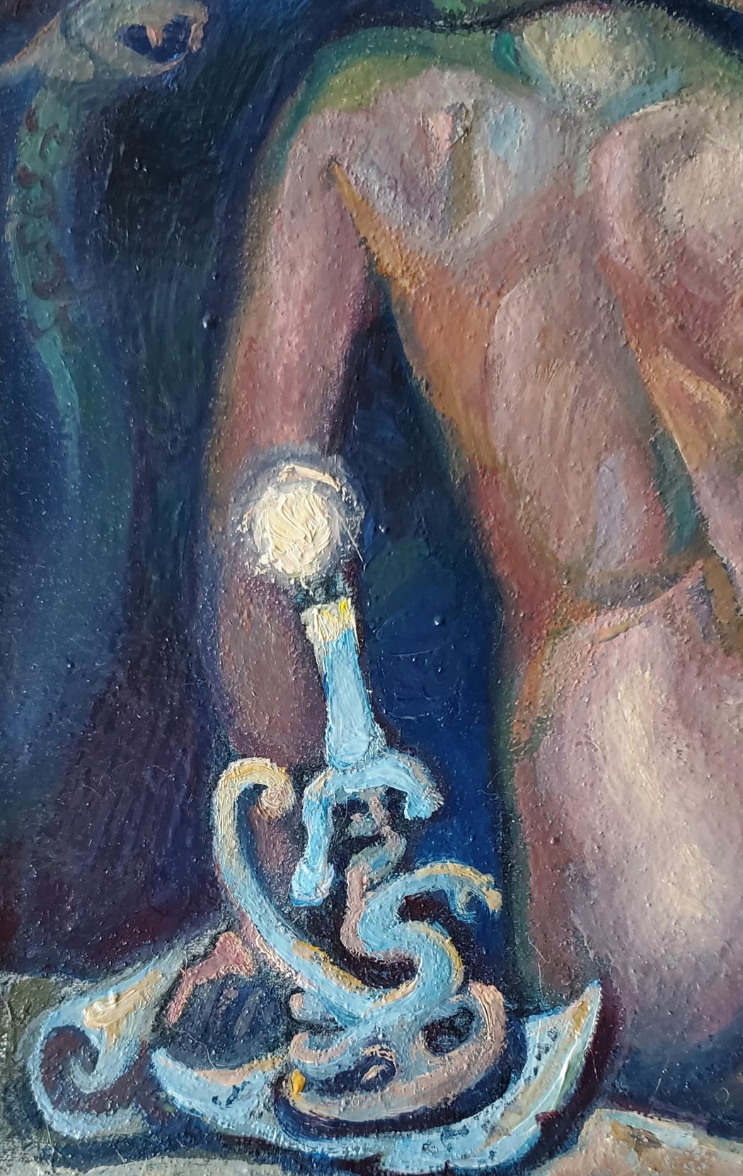 Stylized blue and white candle with flame in Daniil Litvinov oil painting