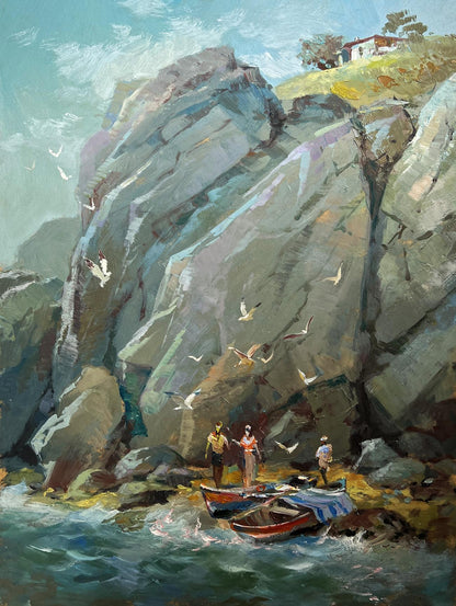 Vibrant oil painting Whisper of the Sea Waves by Yuriy Suprunchuk coastal cliffs scene
