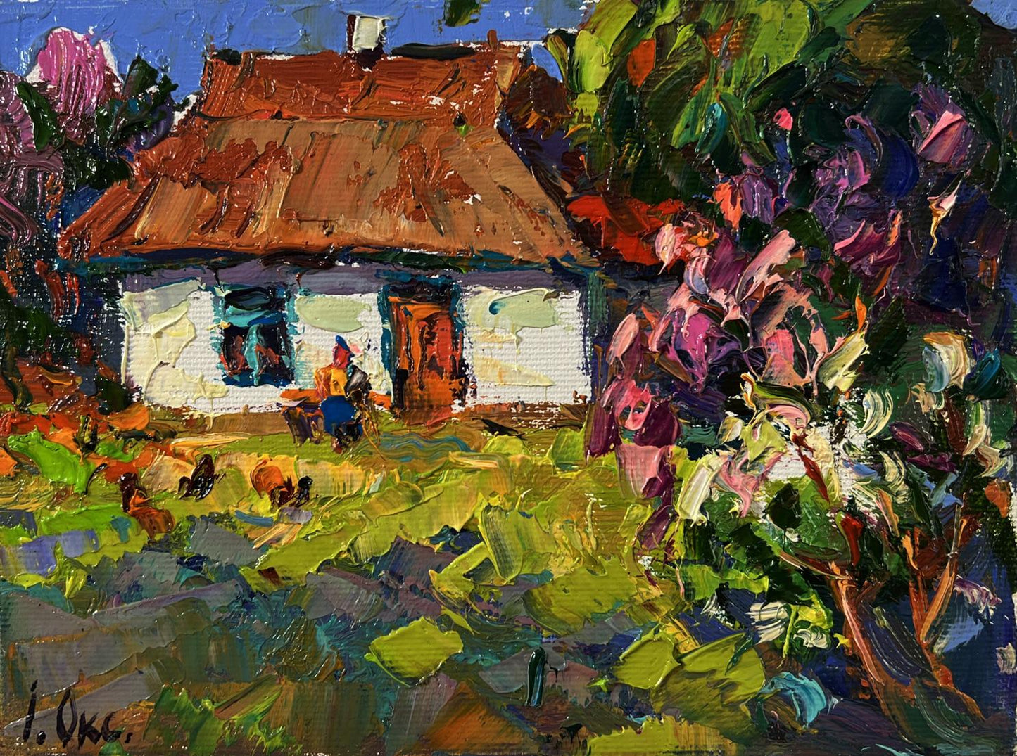 Vibrant impressionist oil painting by Oksana Ivanyuk of flowering bush by rustic white house