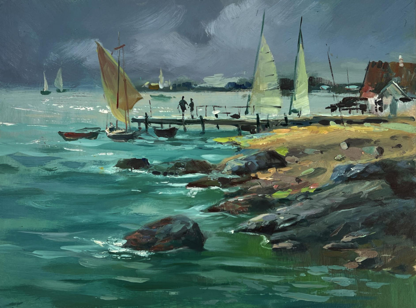 Oil painting by Yuriy Suprunchuk: turquoise ocean waves crashing on rocks