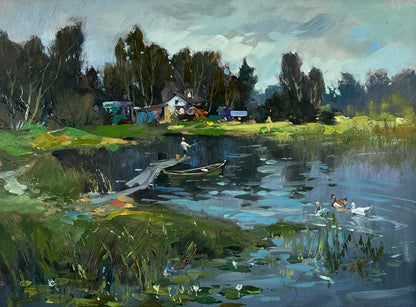 Serene oil painting of rural grey river with pond, ducks by Yuriy Suprunchuk