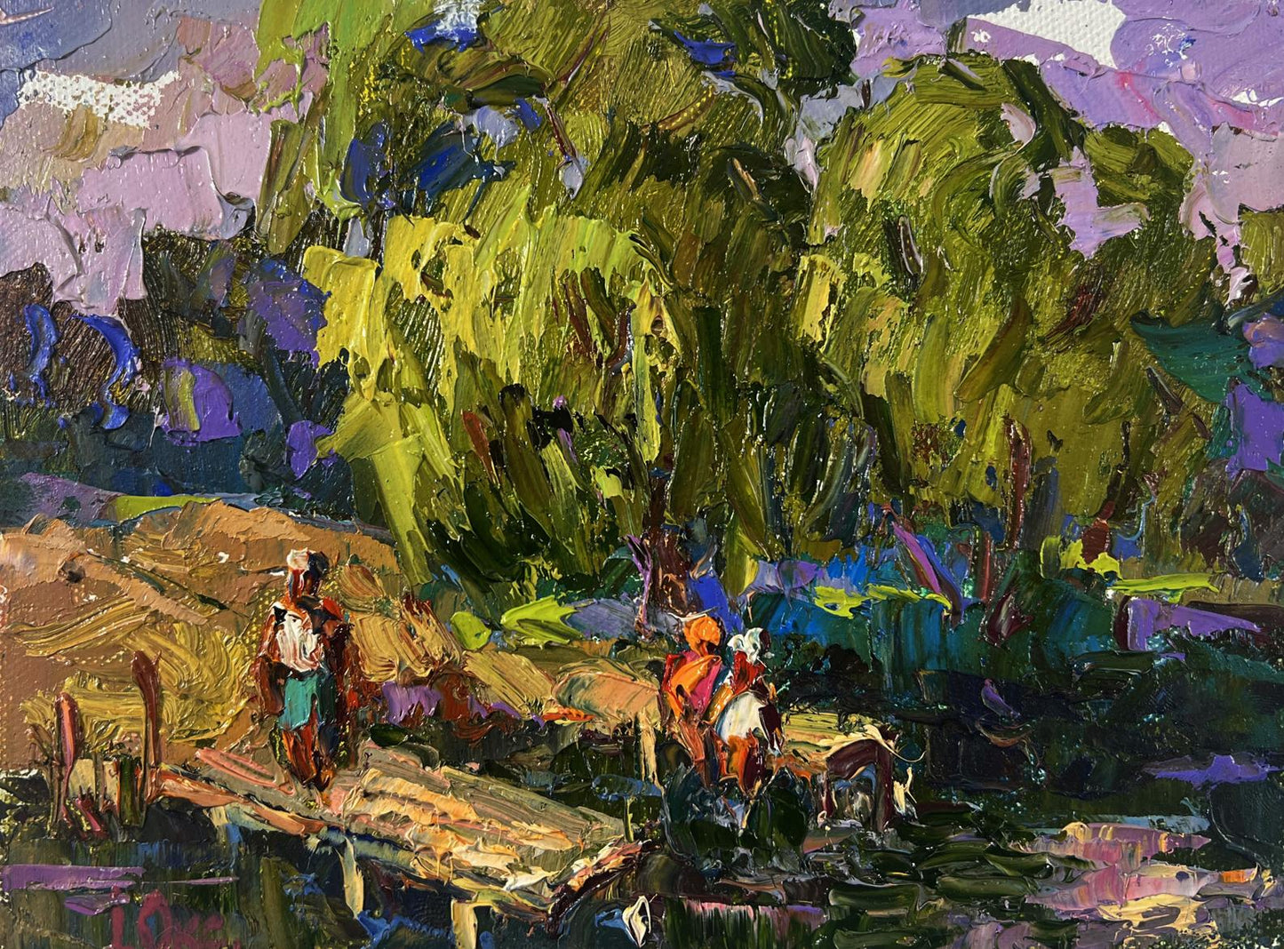 Vibrant Oleksiy Ivanyuk oil painting of village sun vacation with figures on rustic bridge under lush trees