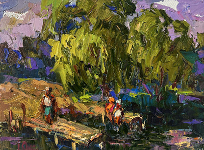 Vibrant Oleksiy Ivanyuk oil painting of village sun vacation with figures on rustic bridge under lush trees