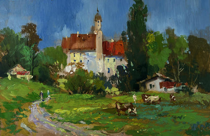 Oil painting of Yuriy Suprunchuk castle overlooking endless steppe