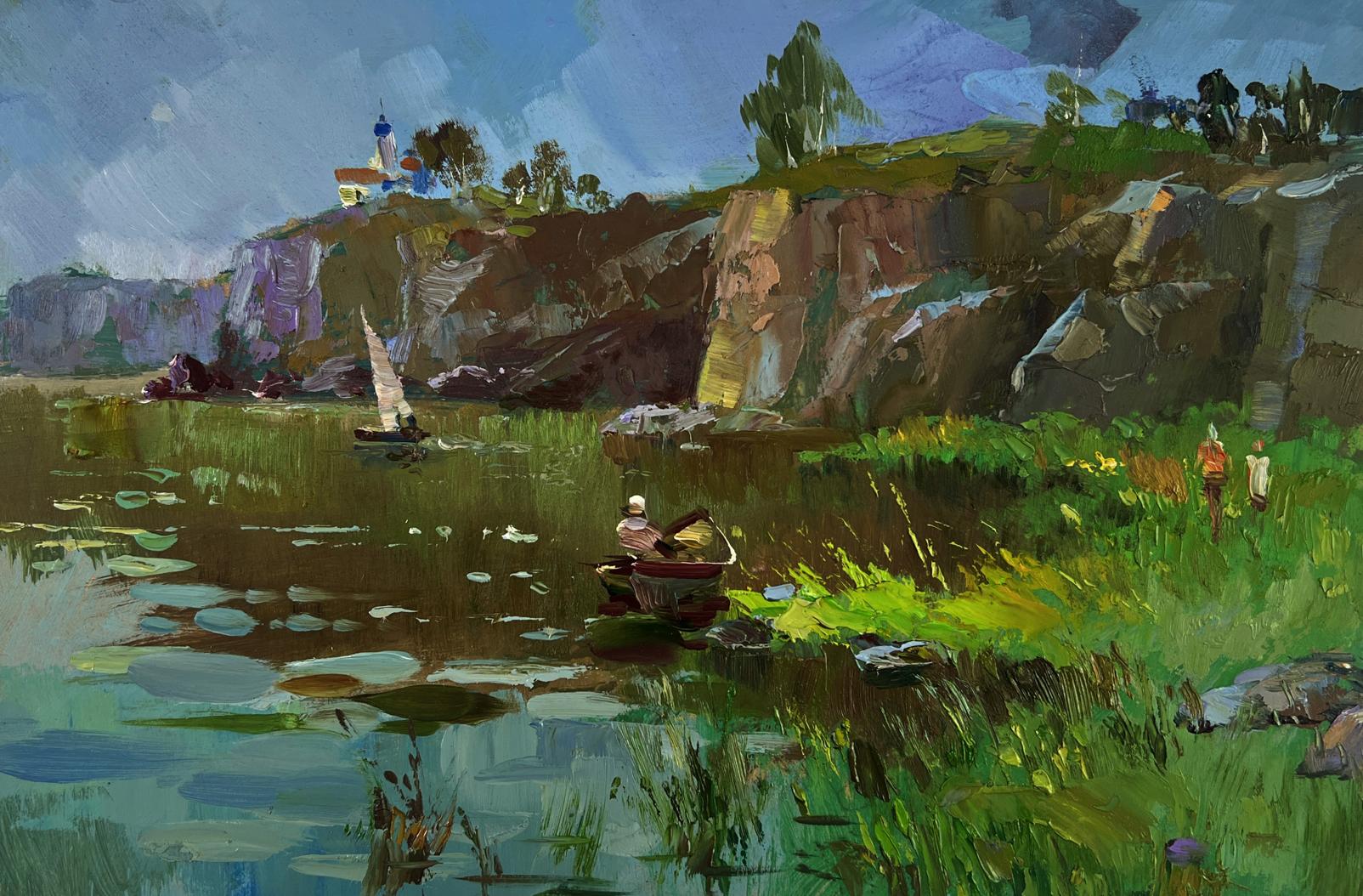 Oil painting of rustic rowboat on calm river by rocky cliffs, Yuriy Suprunchuk