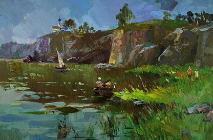 Oil painting of rustic rowboat on calm river by rocky cliffs, Yuriy Suprunchuk