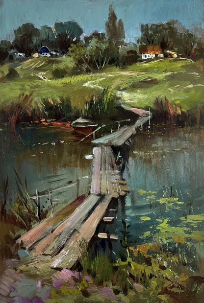 Weathered wooden dock over calm greenish-blue pond by Yuriy Suprunchuk
