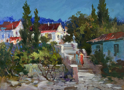Vibrant impressionist oil painting by Yuriy Suprunchuk of sunlit village path