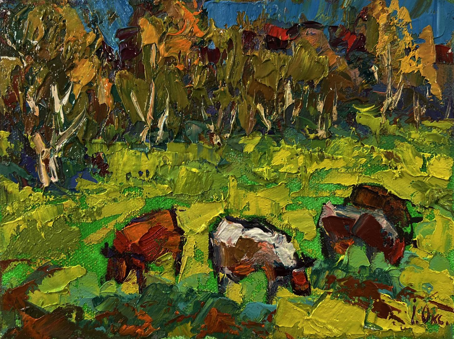 Vibrant impressionist oil painting by Oksana Ivanyuk of cows grazing in lush meadow