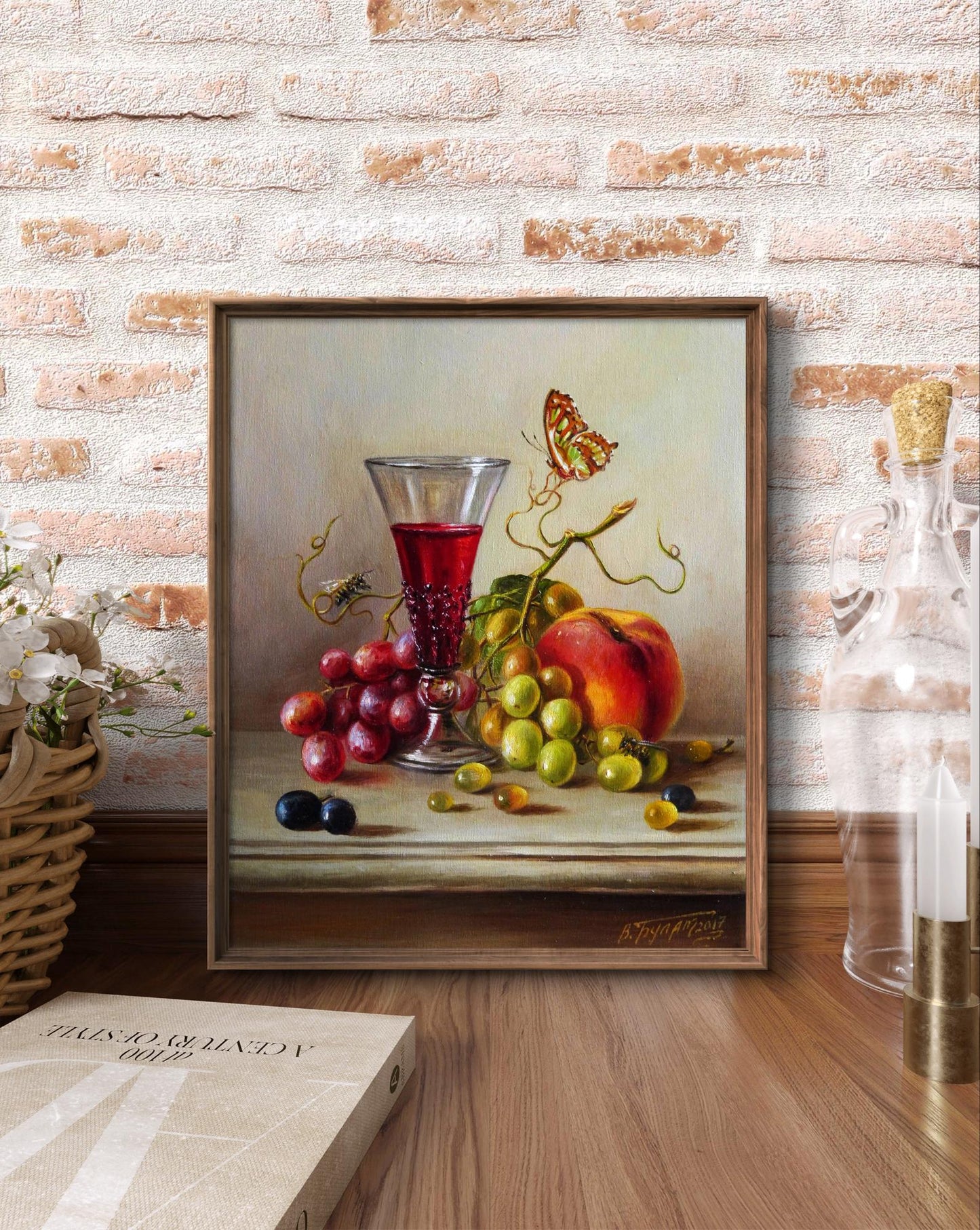 Oil painting Fruity notes Valeriy Bulat: still life with red wine, grapes, peach, butterfly