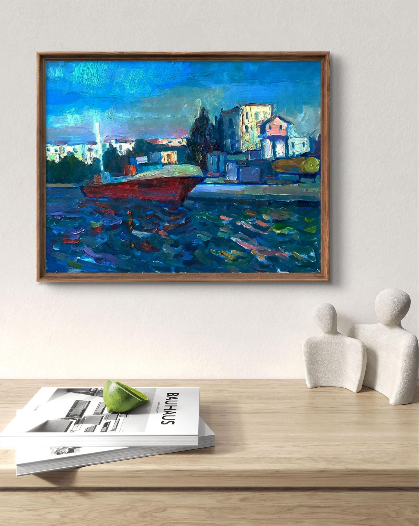 Impressionist oil painting by Pavel Dobrev: red barge on blue water