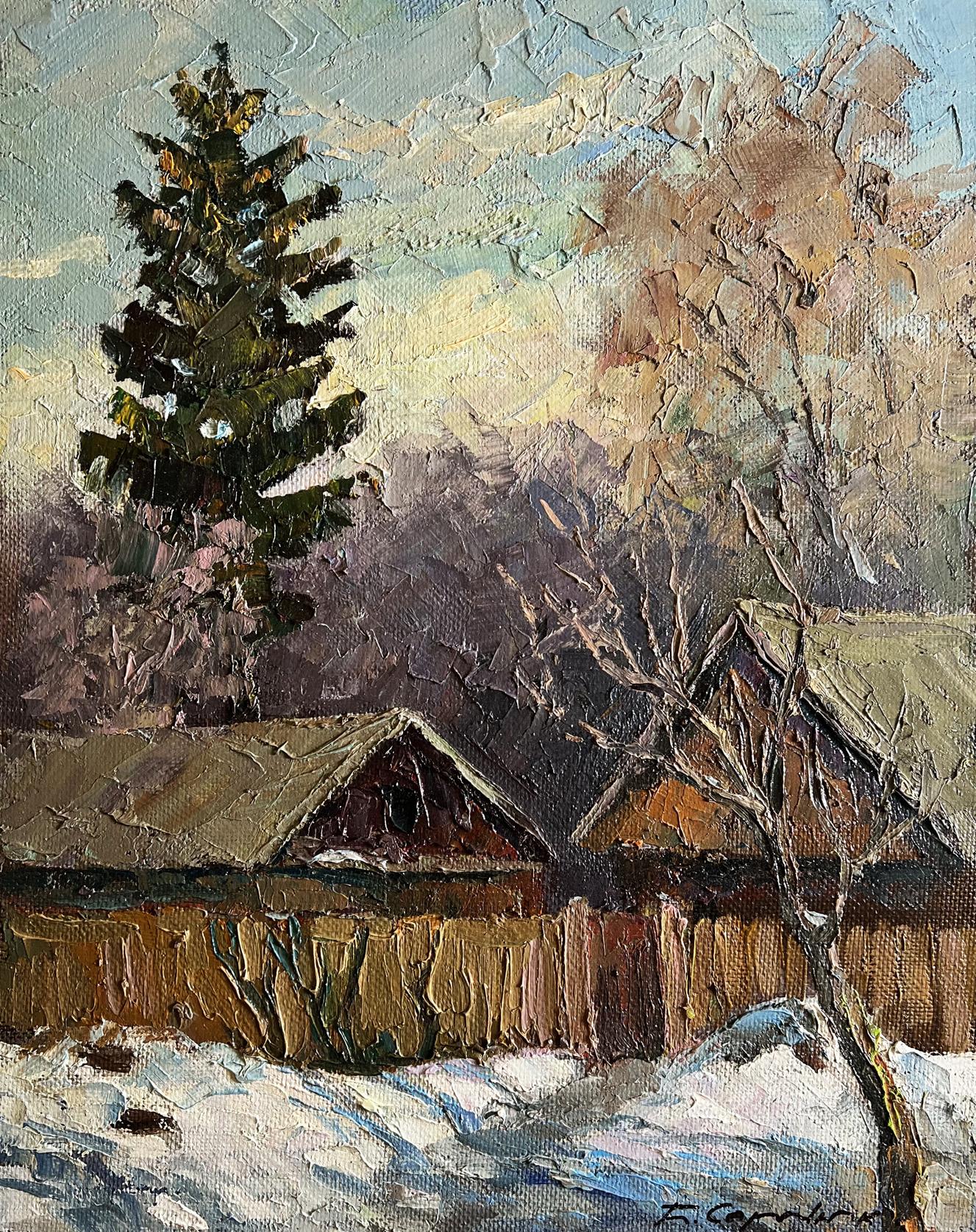 Textured oil painting A cold December day by Boris Serdyuk winter landscape