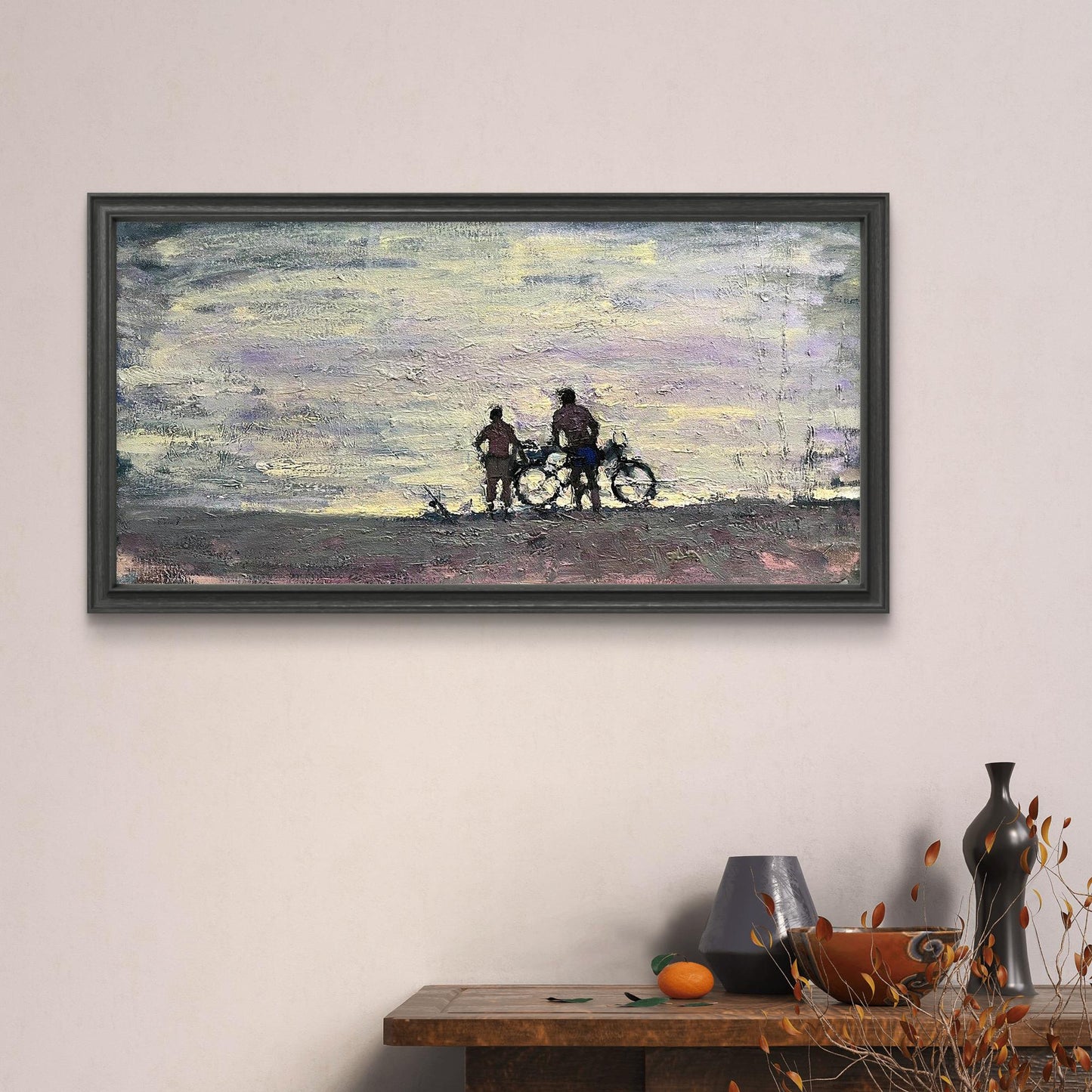 Oil painting Conversation by Volodymyr Pashchenko with silhouetted cyclists