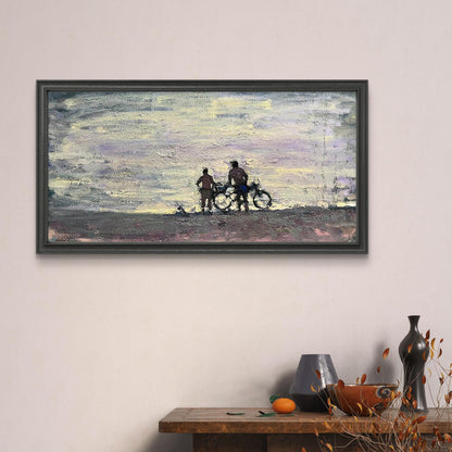 Oil painting Conversation by Volodymyr Pashchenko with silhouetted cyclists