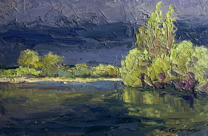 Oil painting Evening after a thunderstorm by Boris Serdyuk, serene lakeside impasto