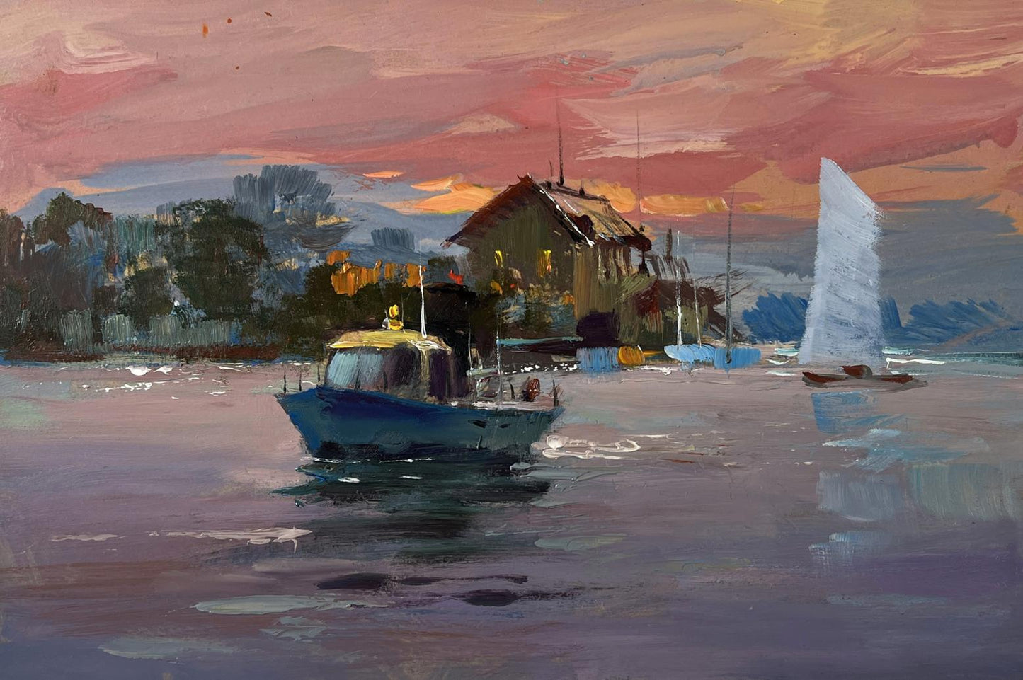 Oil painting of blue fishing boat with yellow cabin under pink sunset by Yuriy Suprunchuk